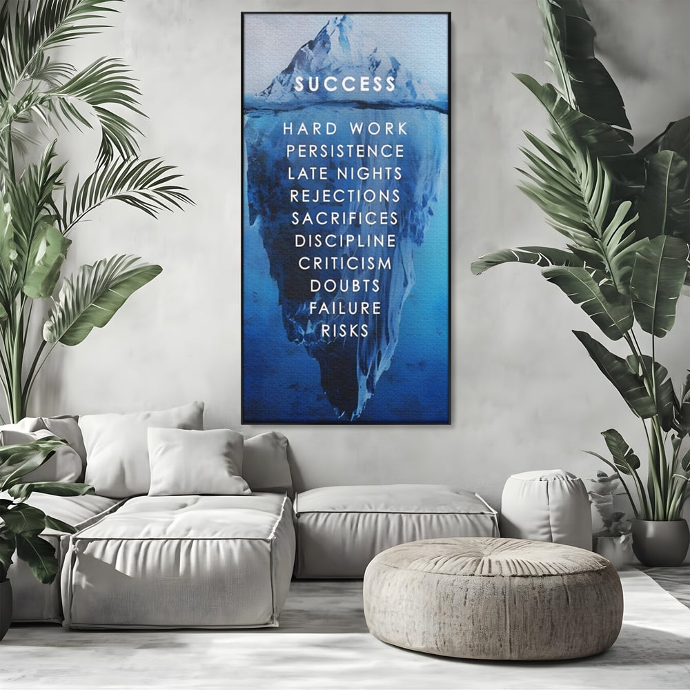 Tablou canvas cu tablou canvas motivational iceberg, in rama de aluminiu negru, pe perete intr-un living
